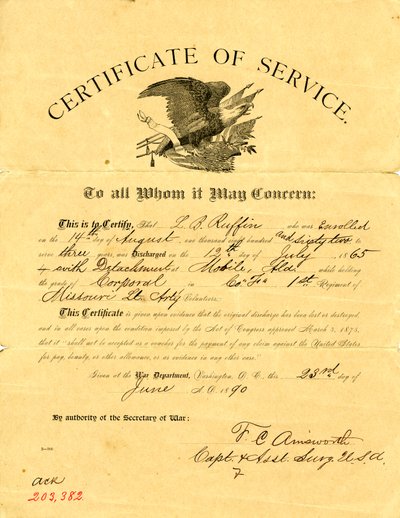Bescheinigt, dass Ruffin am 12. Juli 1865 aus der Kompanie F der 1. Missouri Leichten Artillerie im Rang eines Korporals entlassen wurde von F. C. Amsworth